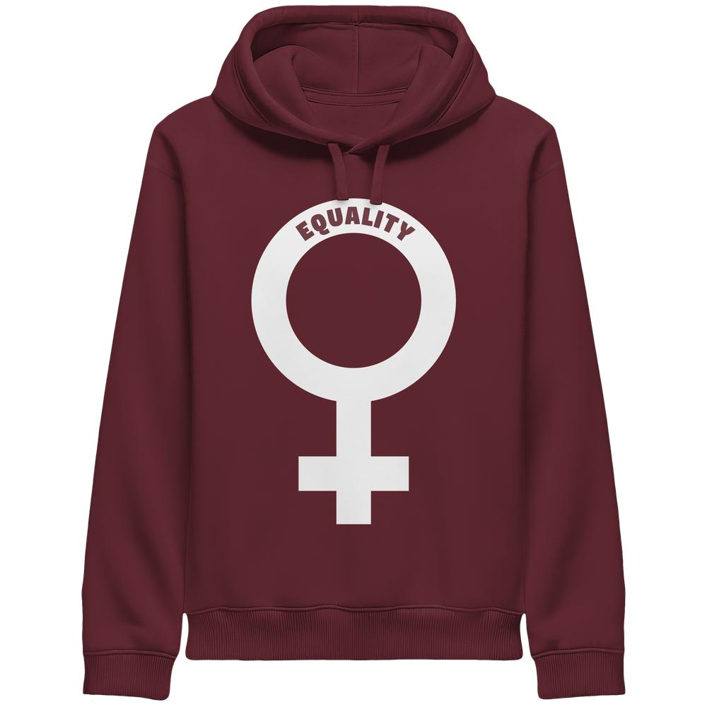 Burgunderfarbener Hoodie mit Kordelzug und großem Gleichheitssymbol auf der Brust