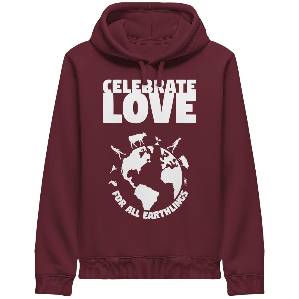 Burgunder Hoodie mit Kapuze und Kängurutasche, großer „CELEBRATE LOVE“-Tier-Print