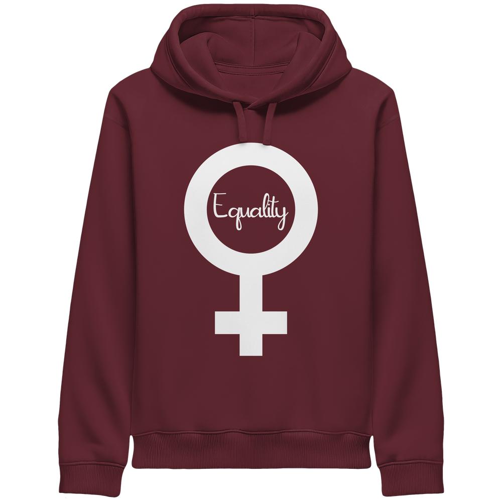 Burgunderroter Hoodie mit Kapuze und großem weißem Equality-Symbol auf der Vorderseite