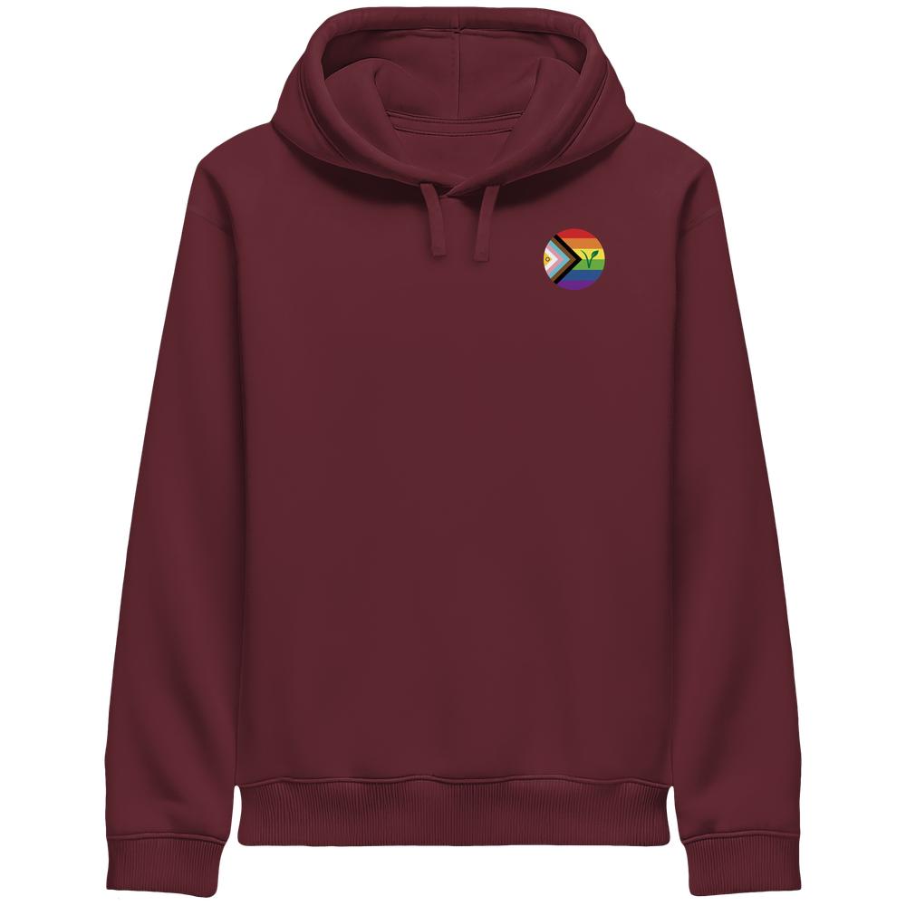Kapuzensweatshirt in Bordeaux mit Kängurutasche, Kordelzug und Regenbogen-Logo