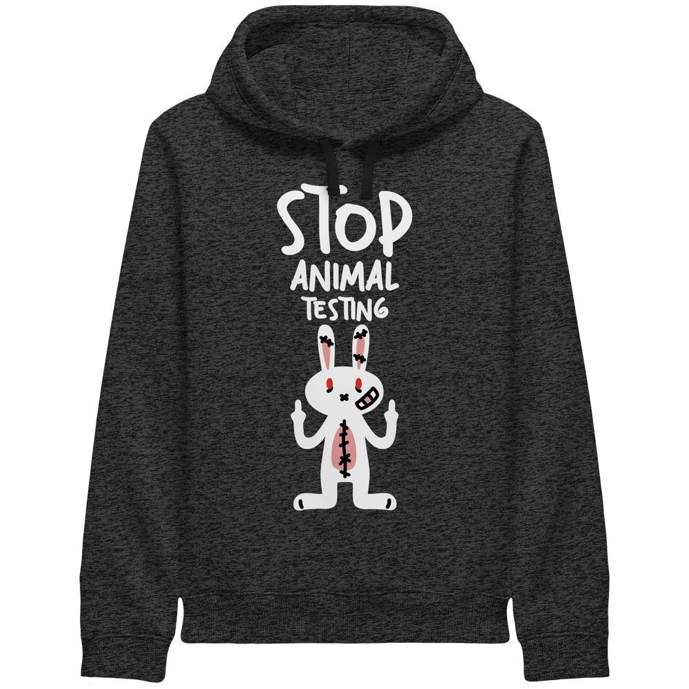Herren-Kapuzenpullover in Dunkelgrau meliert mit Aufdruck „STOP ANIMAL TESTING“ und Kaninchen