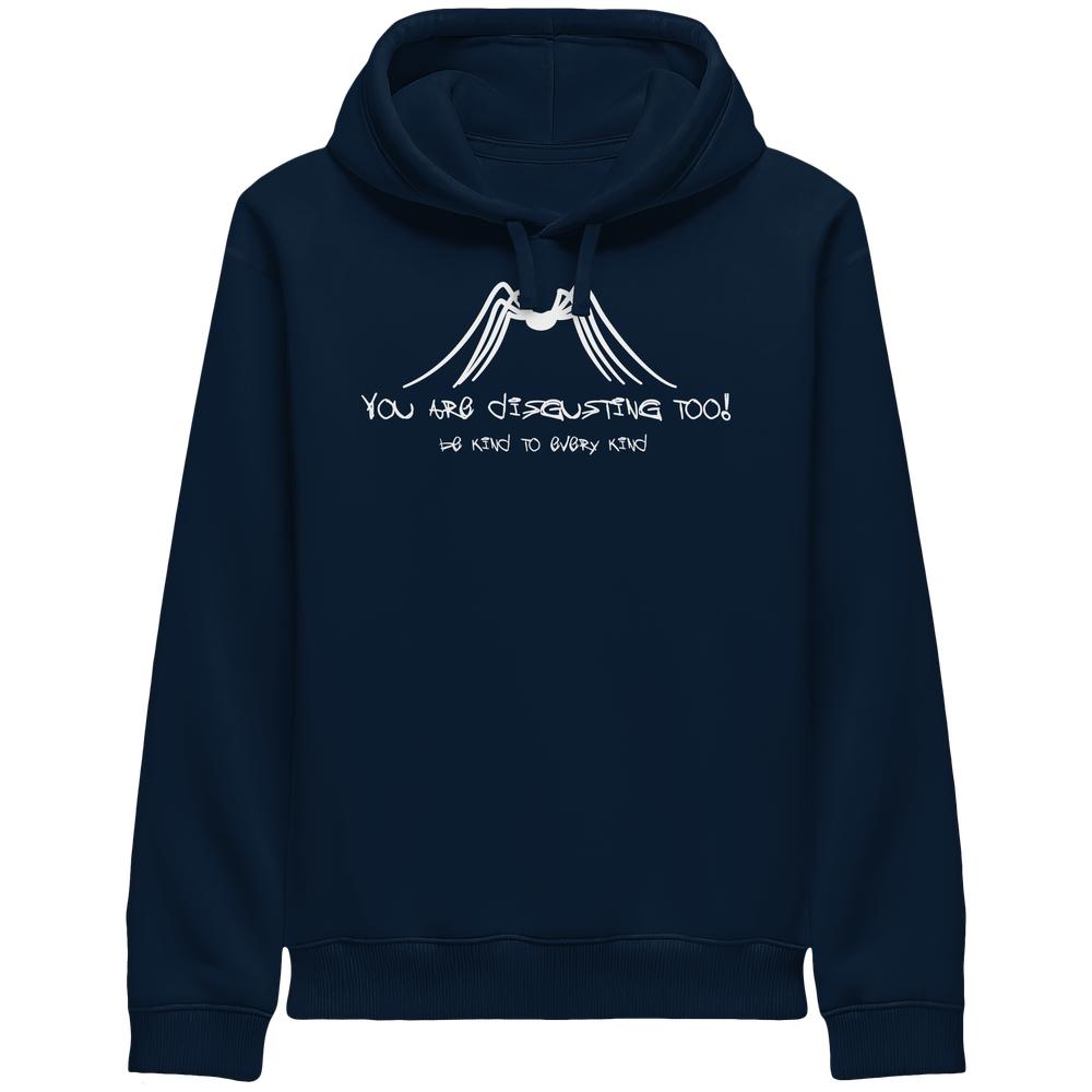Dunkelblauer Hoodie mit Kapuze, Kängurutasche und Frontprint