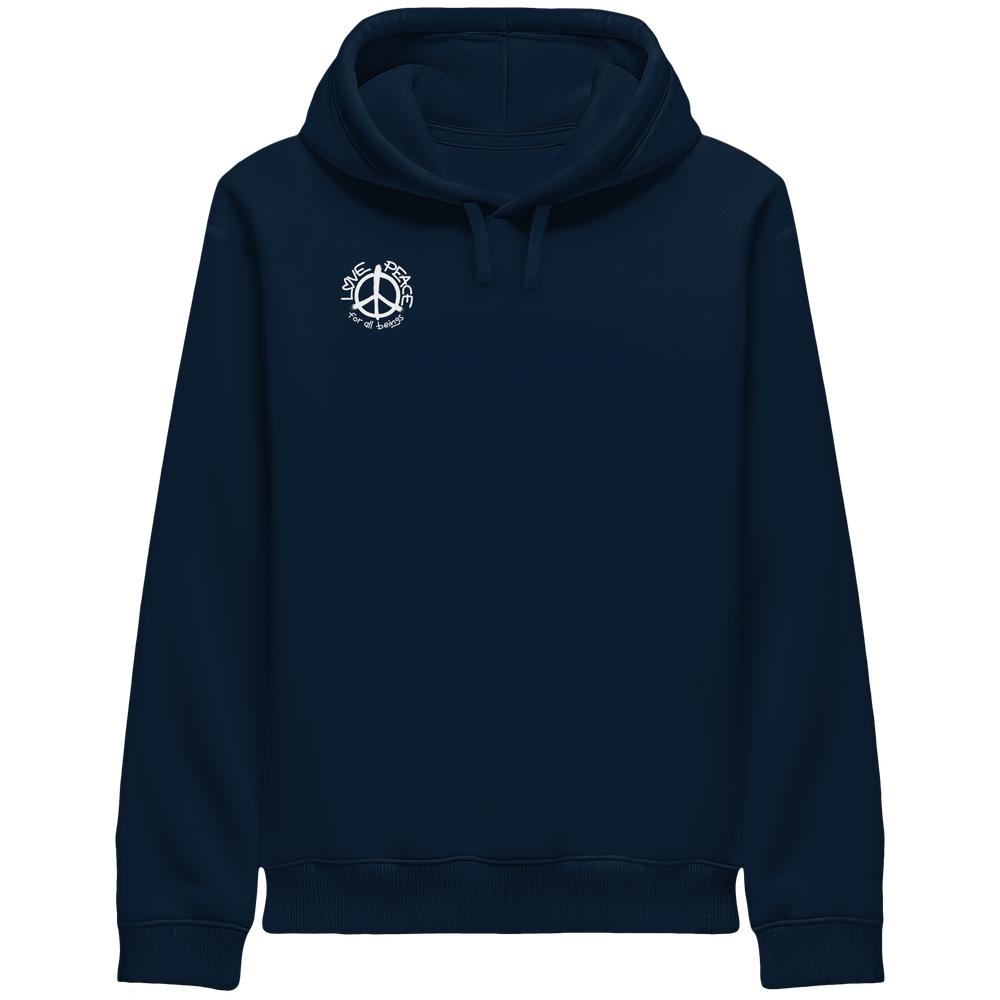 Dunkelblauer Hoodie mit Kapuze und Kordeln, kleiner Brustprint im Kreis