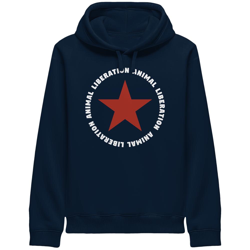 Dunkelblauer Hoodie mit rotem Stern und ANIMAL LIBERATION-Schriftzug, aus Bio-Baumwolle und recyceltem Polyester, von RUDE REBEL.