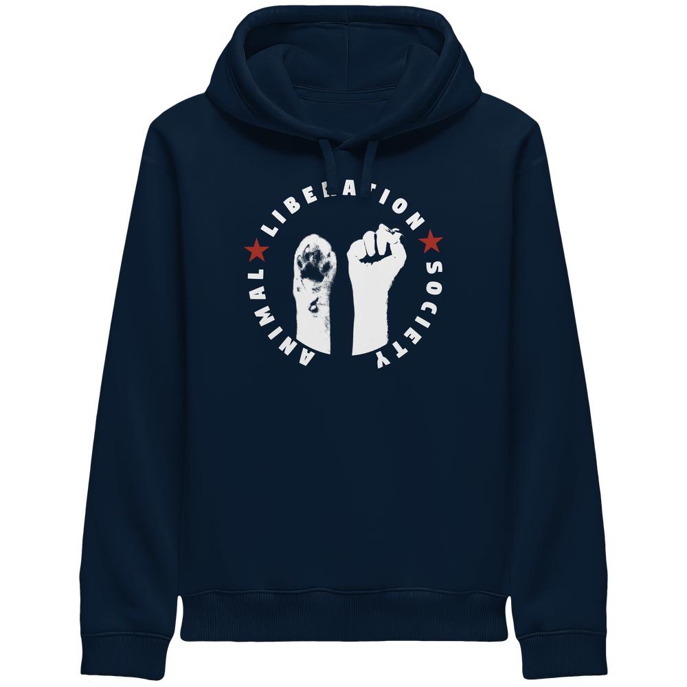 Vegan und Bio Unisex Side Pocket Hoodie mit Kapuze zeigt Logo „ANIMAL LIBERATION SOCIETY“ mit Tierpfote und Menschenfaust, symbolisiert Tierrechte und Zusammenarbeit.