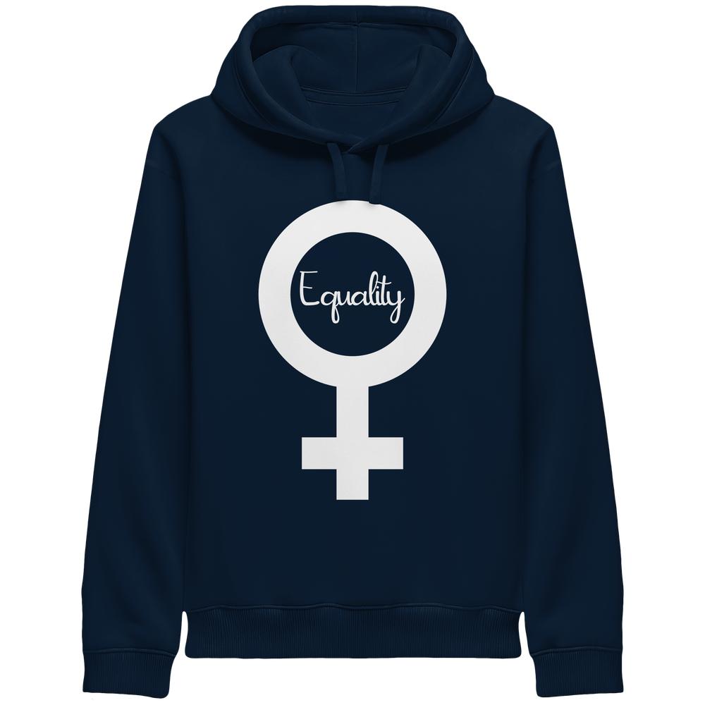 Dunkelblauer Hoodie mit Kapuze und großem weißem Equality-Symbol auf der Vorderseite