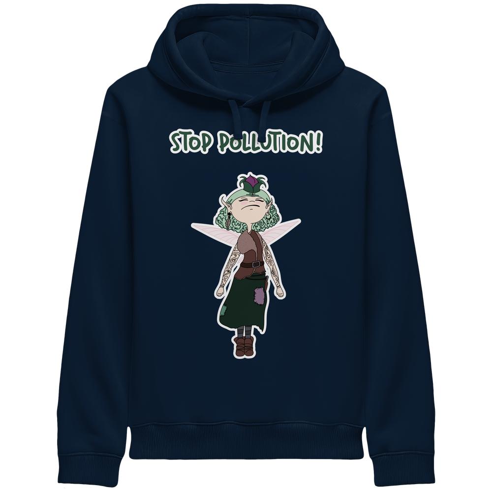 Navyblauer Hoodie mit Kapuze, zeigt eine Cartoon-Fee mit grünen Haaren, rosa Flügeln und Slogan STOP POLLUTION! aus Bio-Baumwolle.