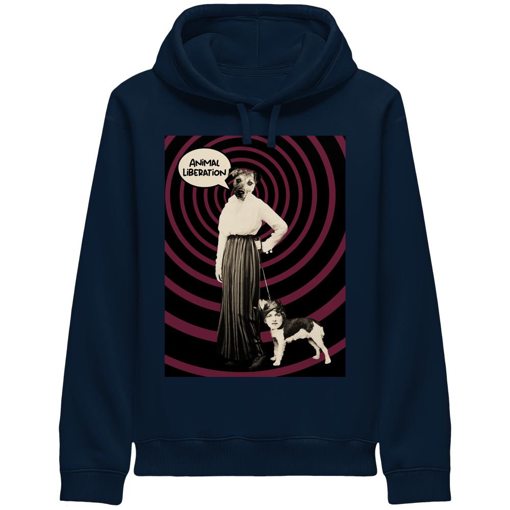 Kapuzenpullover in Dunkelblau mit quadratischem Vorderprint „Animal Liberation“