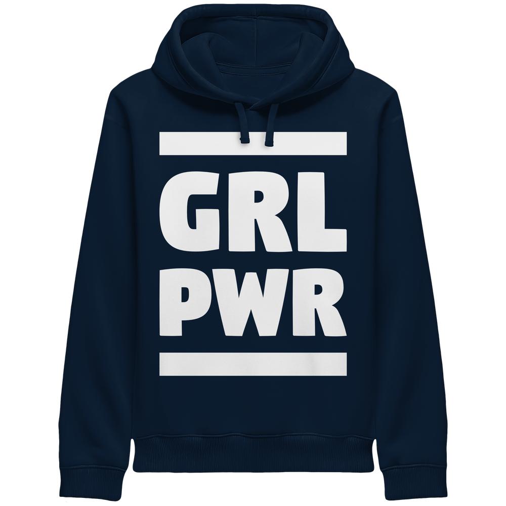 Dunkelblauer Kinder-Hoodie mit Kapuze und Kordeln, Frontprint „GRL PWR“