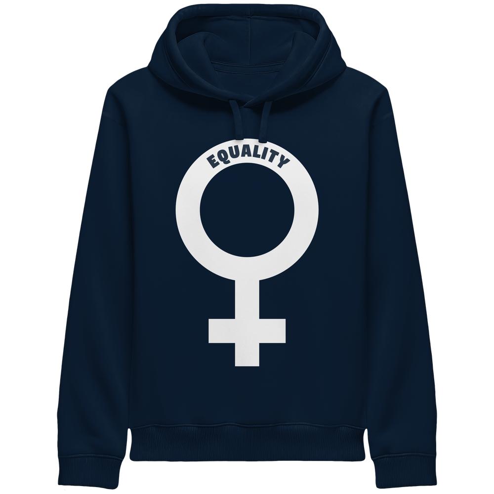 Dunkelblauer Hoodie mit Kordelzug und großem Gleichheitssymbol auf der Brust