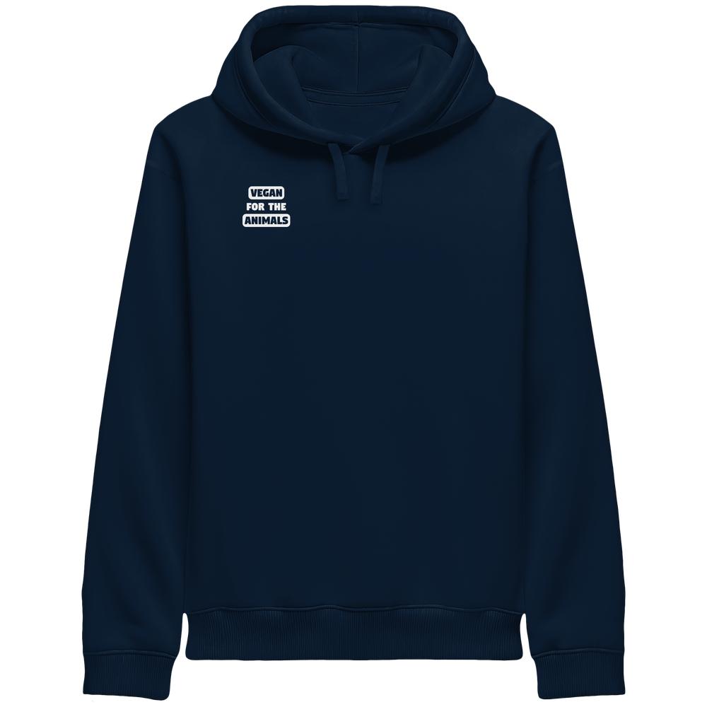Dunkelblauer Hoodie mit Kapuze, Kordelzug und Logo-Aufdruck auf der Brust