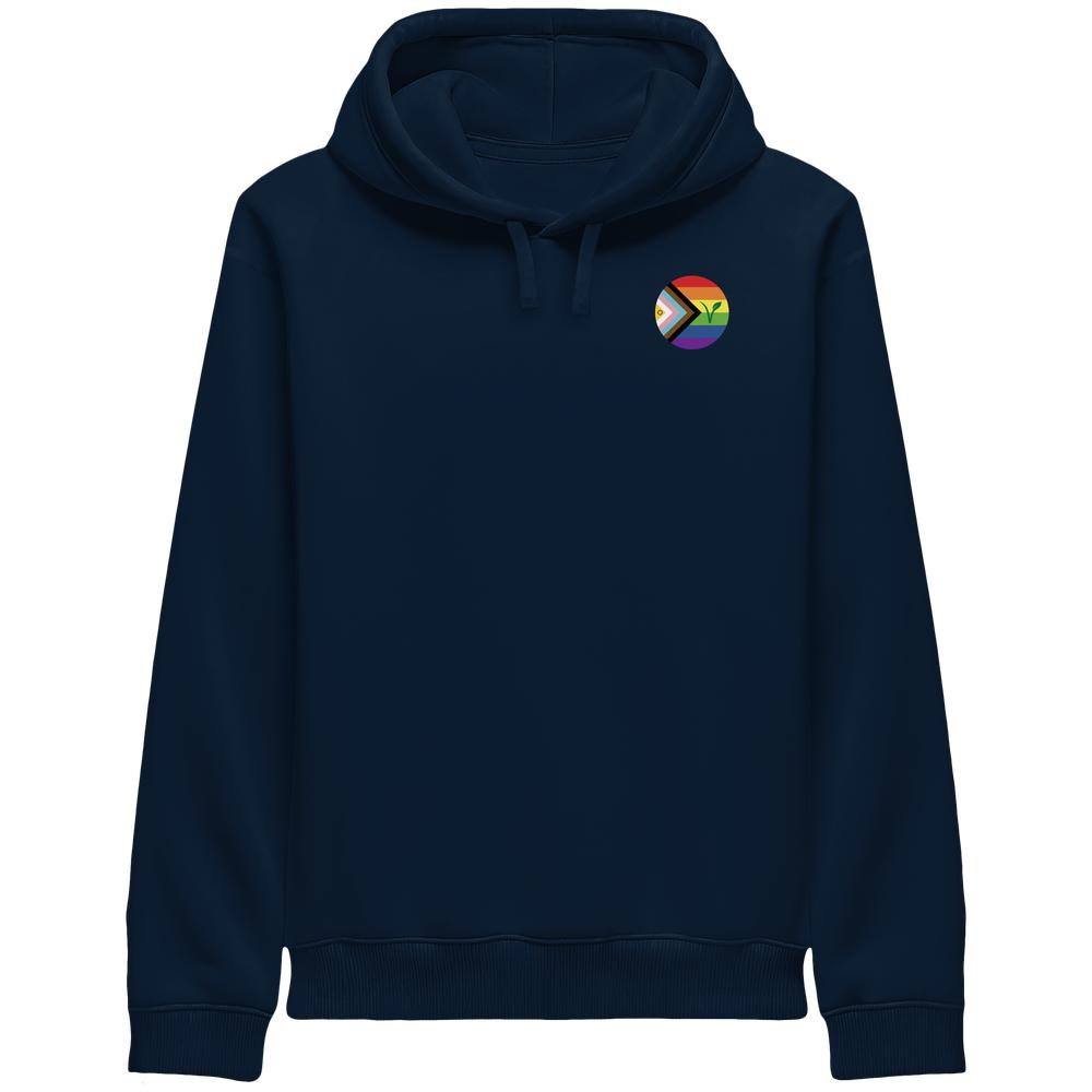 Kapuzensweatshirt in French Navy mit Kängurutasche, Kordelzug und Regenbogen-Logo