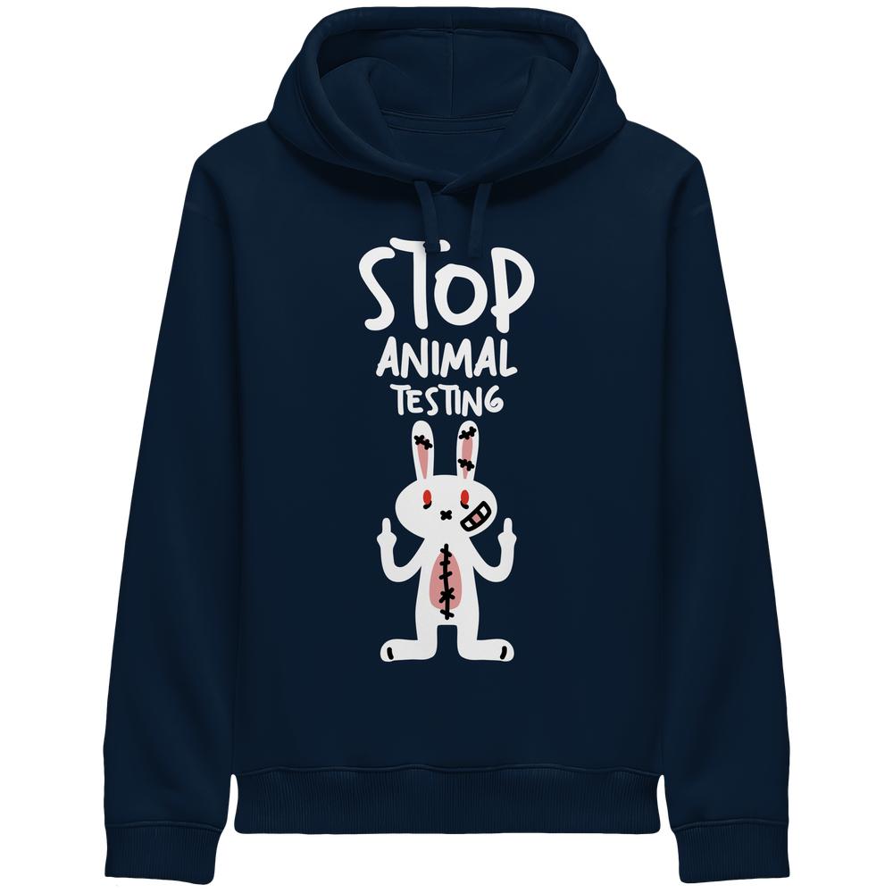 Herren-Kapuzenpullover in Dunkelblau mit Aufdruck „STOP ANIMAL TESTING“ und Kaninchenmotiv