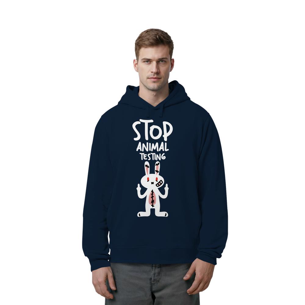 Herren-Kapuzenpullover in Dunkelblau mit Frontaufdruck „STOP ANIMAL TESTING“ und Kaninchen