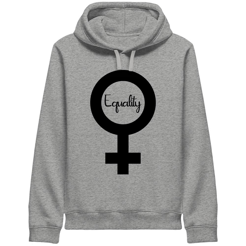 Melierter grauer Hoodie mit Kapuze und großem schwarzem Equality-Symbol auf der Vorderseite