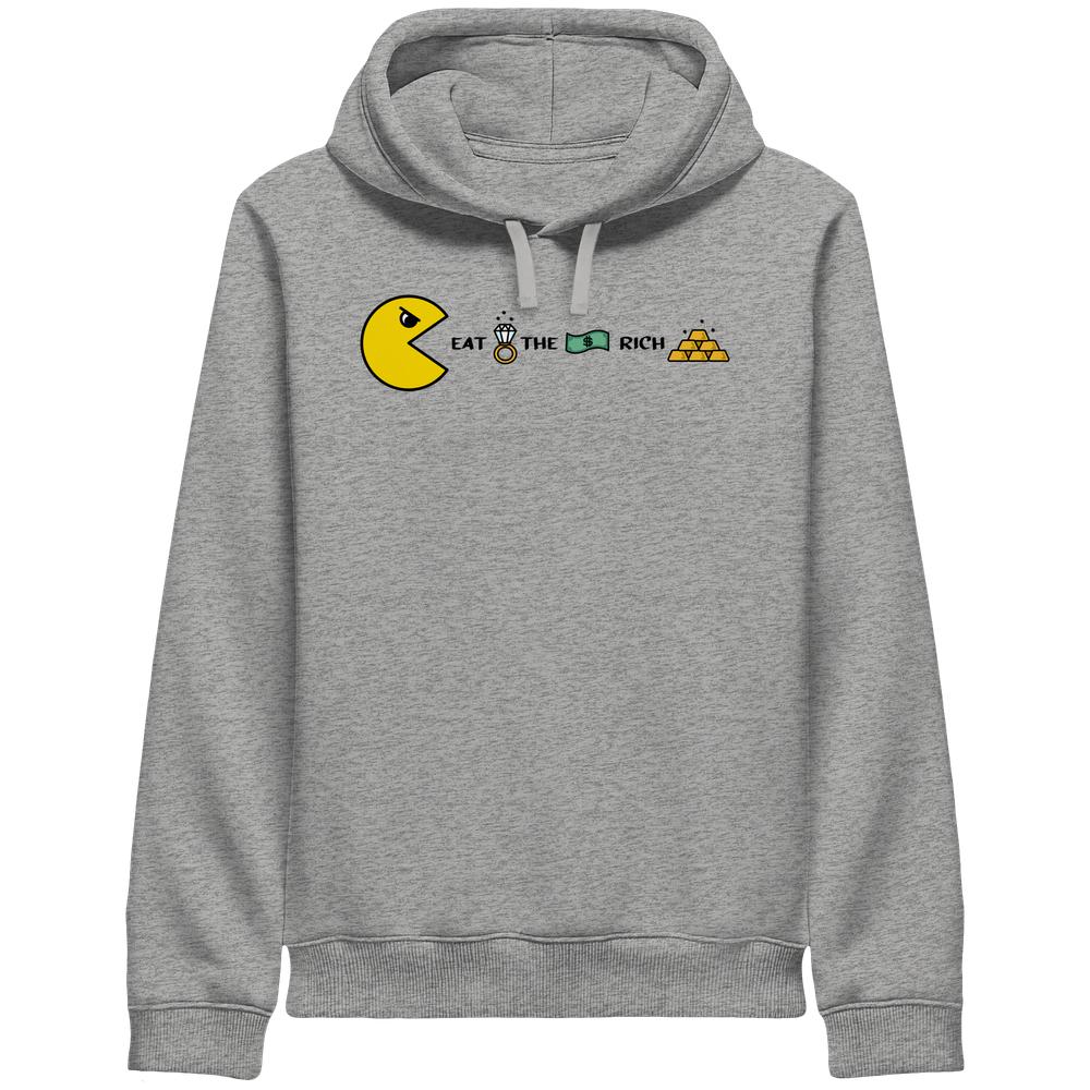 Grau melierter Kapuzenpullover mit Kordel und gelbem Retro-Spiele-Motiv auf der Brust