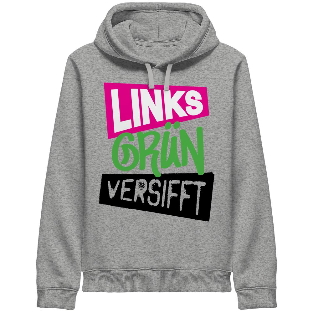 Grauer Hoodie mit Kapuze, Kordeln und Frontdruck „Links Grün versifft“.