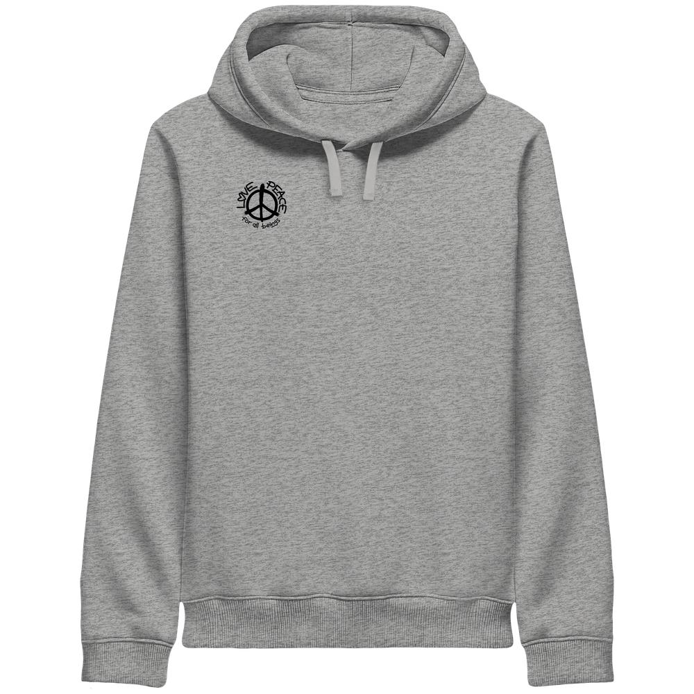 Grau melierter Hoodie mit Kapuze und Kordeln, kleiner Brustprint im Kreis