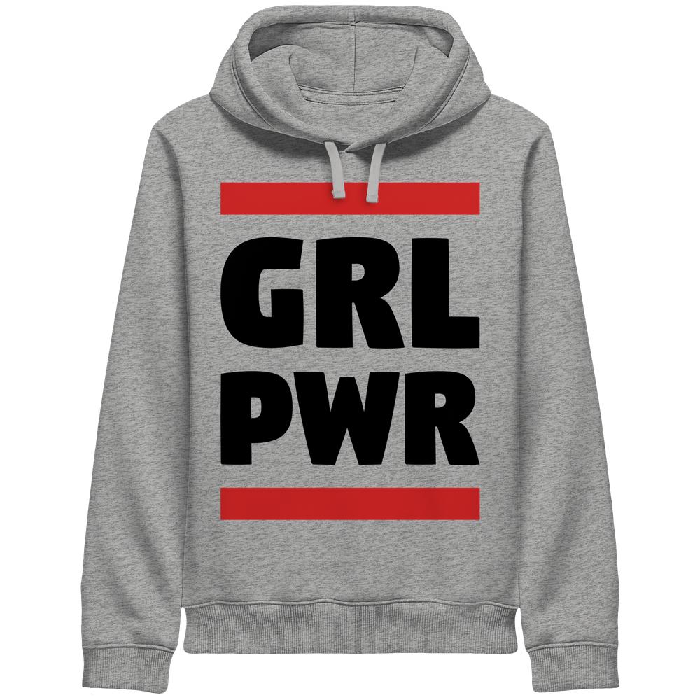 Vegan und Bio Unisex Side Pocket Hoodie: GIRL POWER – Grauer Hoodie mit GRL PWR-Grafik, rotem Balken, feministischer Botschaft. Hergestellt aus Bio-Baumwolle und recyceltem Polyester.