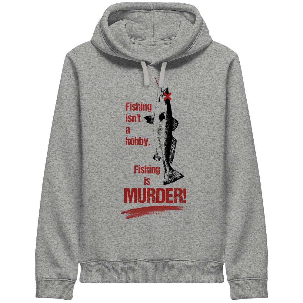 Heather-grauer Hoodie mit Kapuze und Kordelzug, Frontdruck „Fishing is MURDER!“