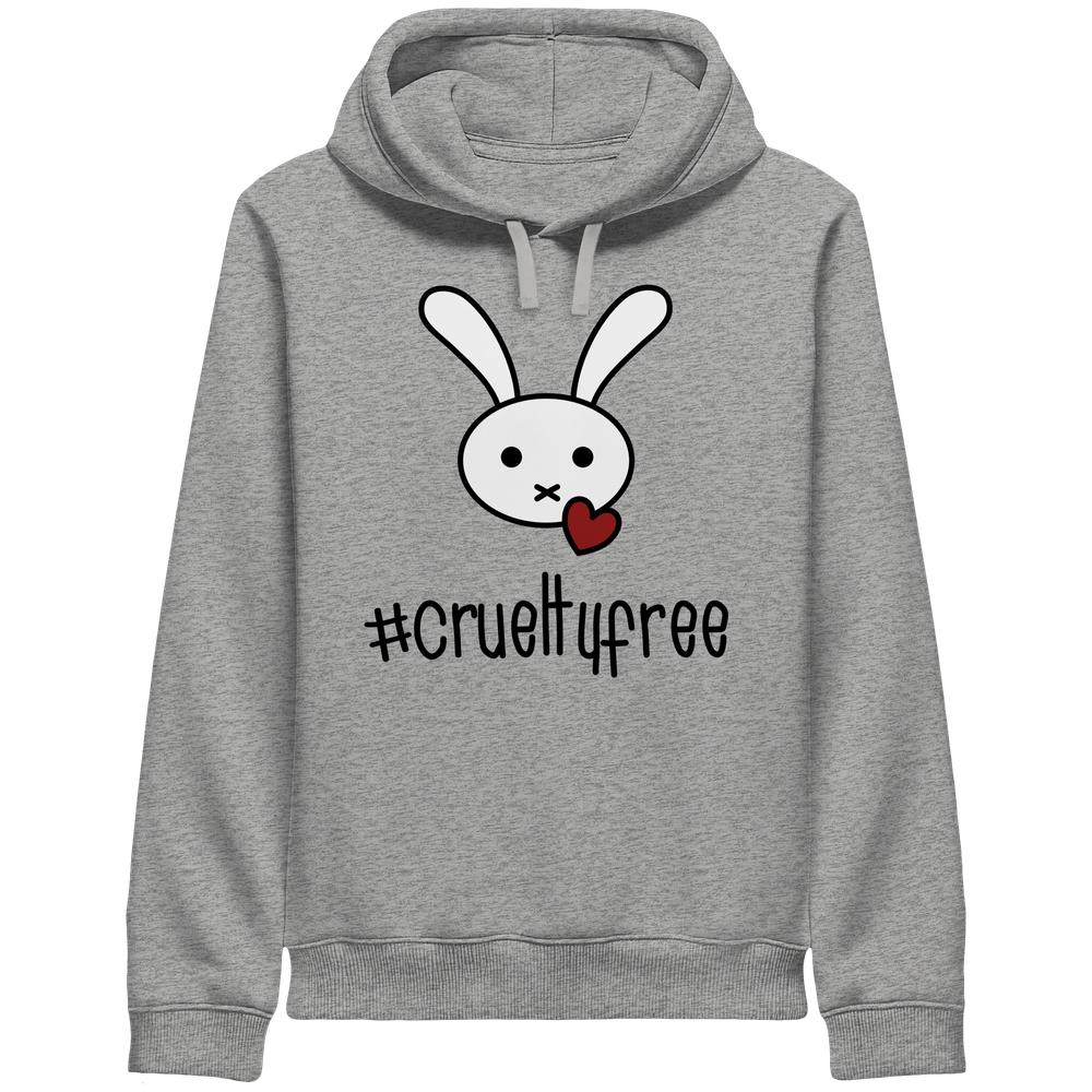 Vegan und Bio Unisex Side Pocket Hoodie: Crueltyfree Bunny BIG mit Cartoon-Hasenmotiv, Herz und „#crueltyfree“-Text, aus Bio-Baumwolle und recyceltem Polyester, von RUDE REBEL.