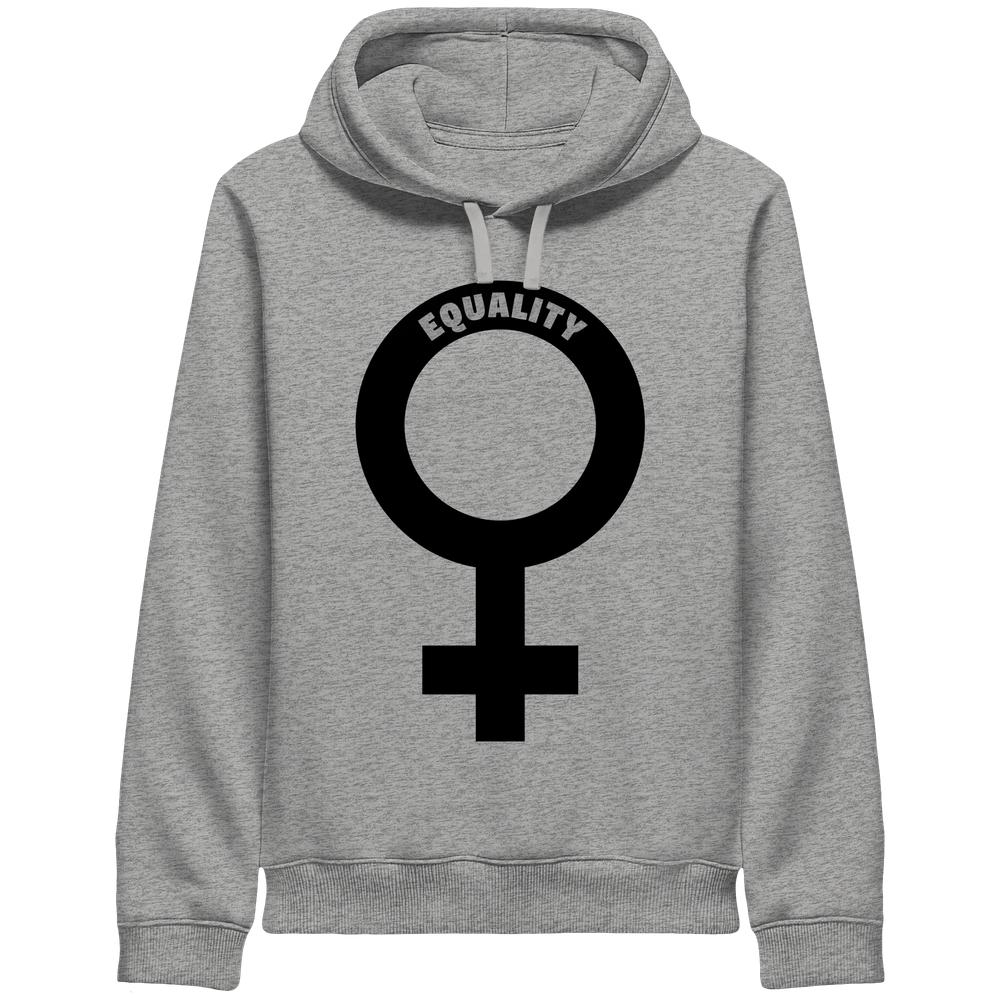 Melierter grauer Hoodie mit Kordelzug und großem Gleichheitssymbol auf der Brust