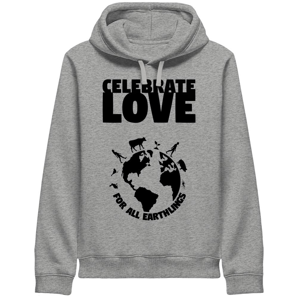 Melierter grauer Hoodie mit Kapuze und Kängurutasche, „CELEBRATE LOVE“-Tierwelt-Print
