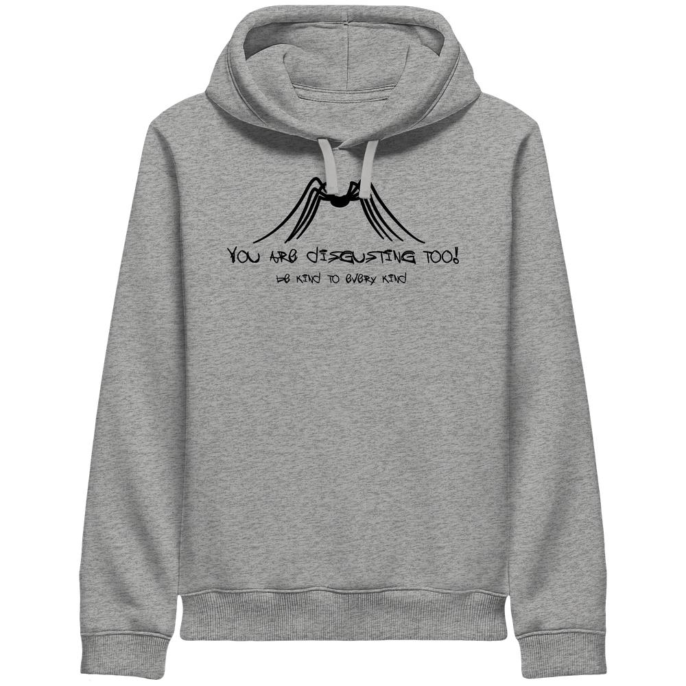 Vegan und Bio Unisex Side Pocket Hoodie mit schwarzem Spinnenmotiv und Slogan Be kind to every kind, unterstreicht Tierrechte und Nachhaltigkeit.