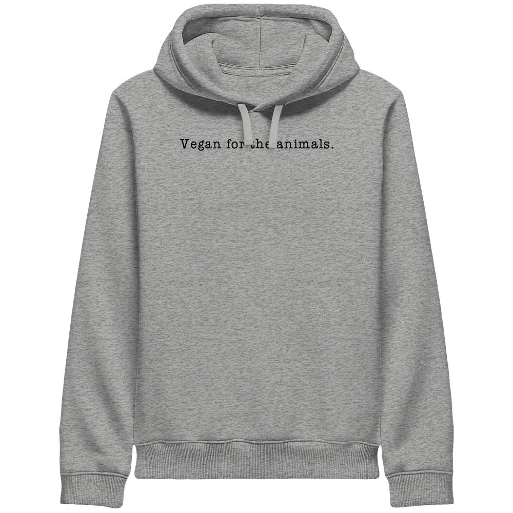 Unisex-Hoodie mit Kapuze und Seitentaschen, bedruckt mit Vegan for the animals. aus Bio-Baumwolle und recyceltem Polyester, RUDE REBEL Design.