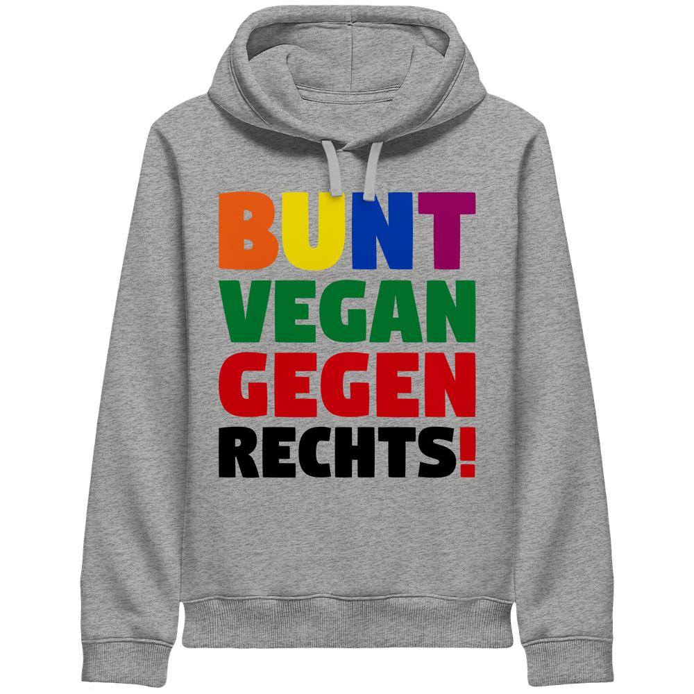Grau melierter Hoodie mit mehrfarbigem „BUNT VEGAN GEGEN RECHTS!“ Print