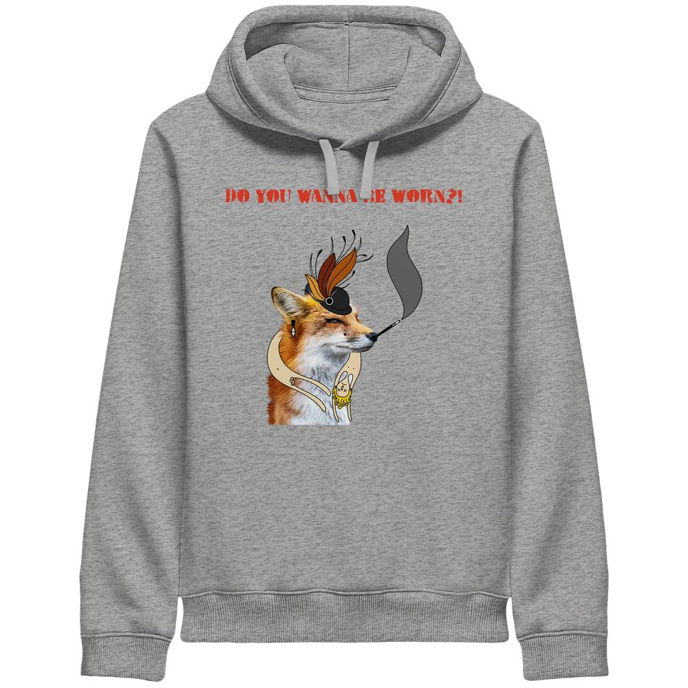 Vegan und Bio Unisex Side Pocket Hoodie mit Mrs. Fox-Design, das gegen Pelz demonstriert; zeigt eine stilvolle, rebellische Grafik mit einem fuchsähnlichen Motiv.