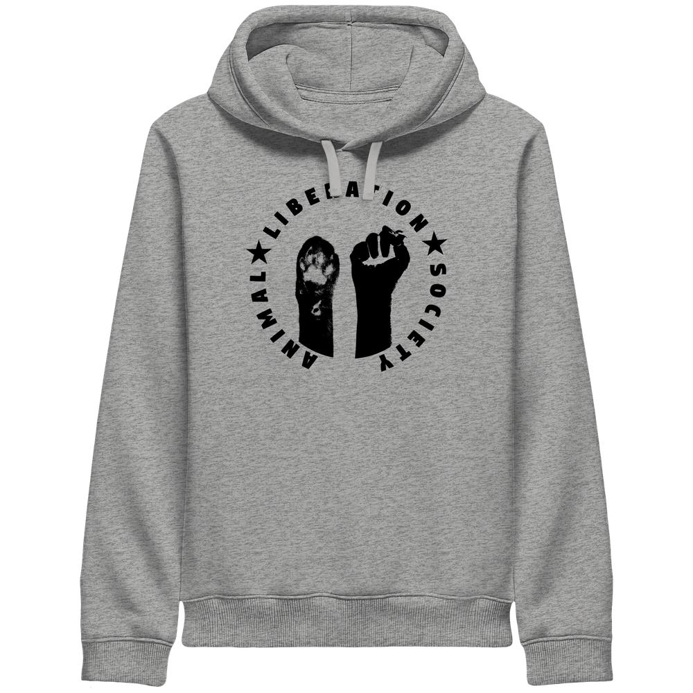 Grau meliertes Kapuzen-Sweatshirt mit großem Kreis-Print mit erhobenen Fäusten und Pfoten