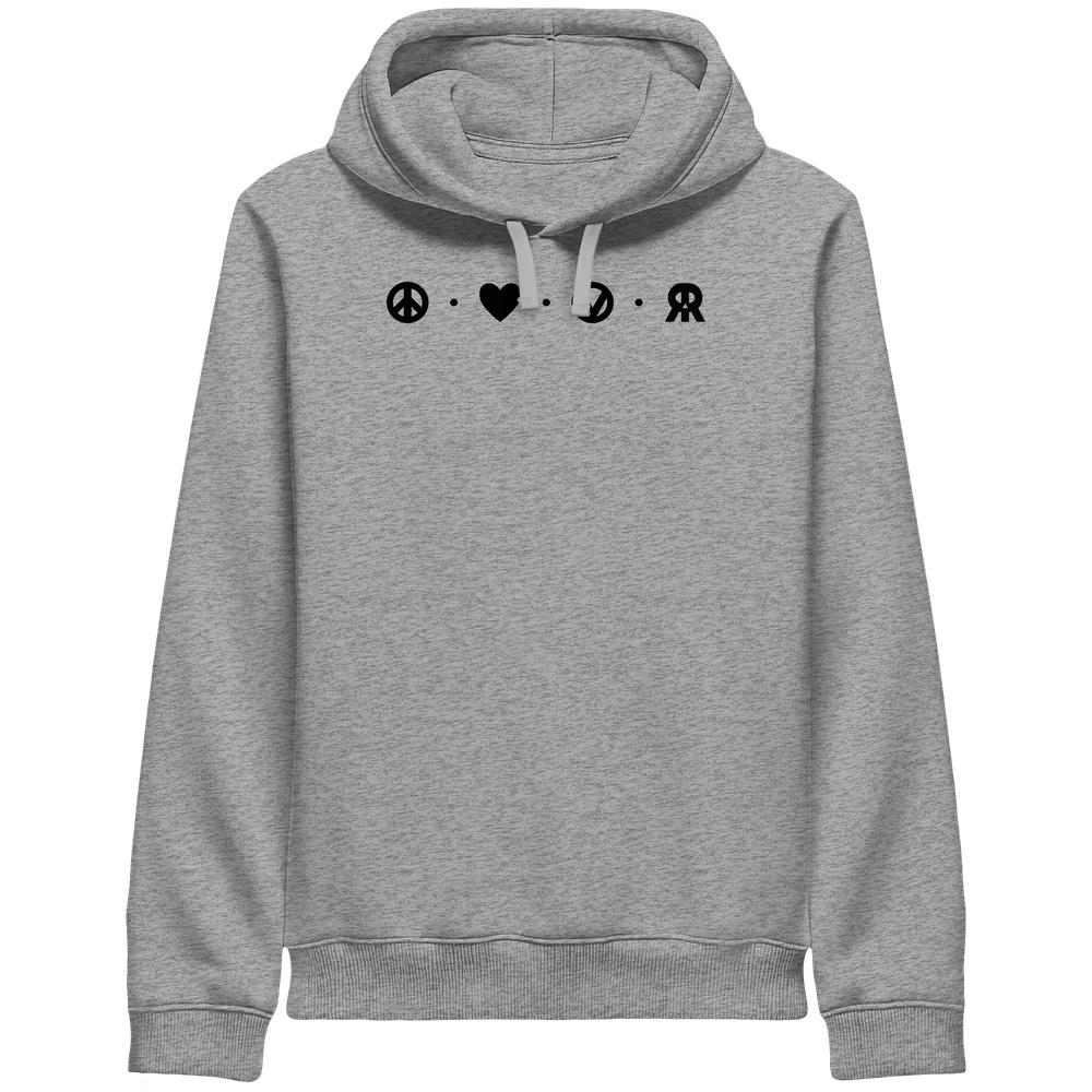 Unisex Side Pocket Hoodie mit Ikonen: Peace, Love, Veganismus, Rebellion; graues Design auf Bio-Baumwolle, symbolisiert friedlichen, respektvollen und rebellischen Lebensstil.