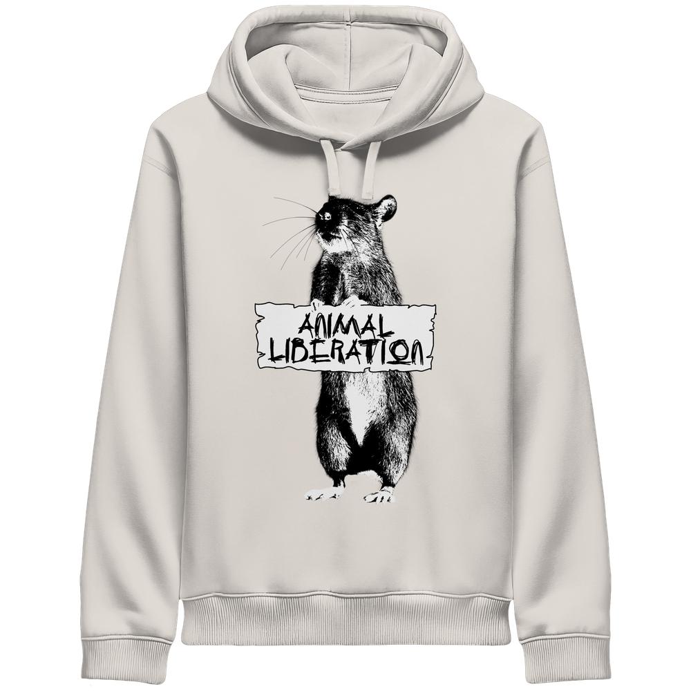 Vegan und Bio Unisex Side Pocket Hoodie: Rat for Animal Liberation, mit Banksy-inspirierter Rattenzeichnung und ANIMAL LIBERATION-Schild, aus Bio-Baumwolle und recyceltem Polyester, rebellisches Design.