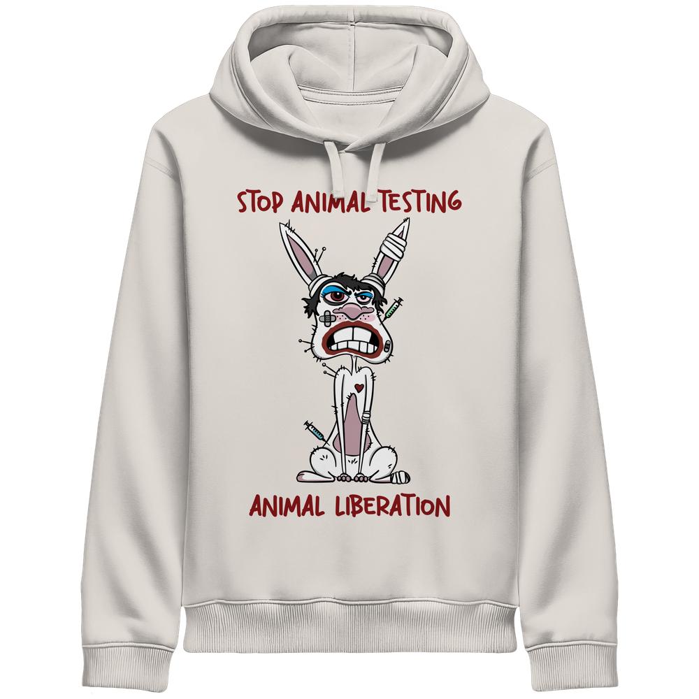Vegan und Bio Unisex Side Pocket Hoodie: Weißer Hase - STOP ANIMAL TESTING! zeigt protestierenden Hasen mit Spritzen, betont Tierrechte und nachhaltige Materialien von RUDE REBEL.