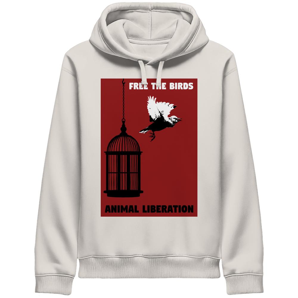 Vegan und Bio Unisex Side Pocket Hoodie: „Free the birds - Animal Liberation“, mit rotem Grafikdruck eines offenen Vogelkäfigs und fliegenden Vogels.