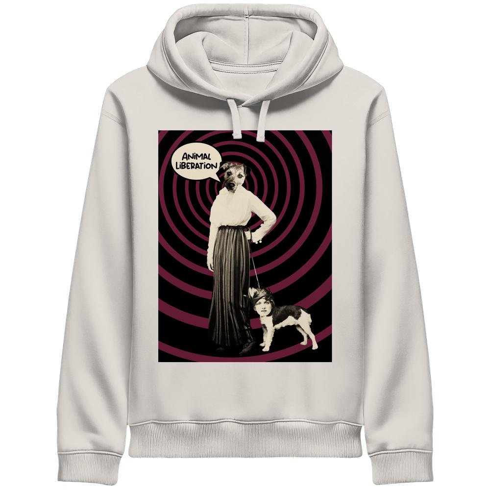 Vegan und Bio Unisex Side Pocket Hoodie: Upside Down - Animal Liberation mit surrealer Grafik eines Mensch-Hund-Paares, inspiriert von Tierrechten und freiem Leben.