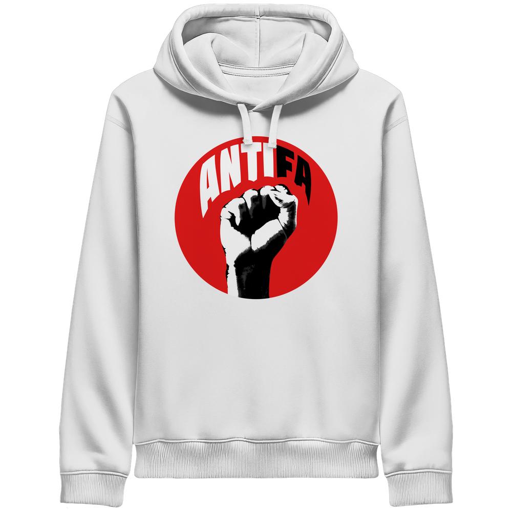 Hoodie mit Kapuze, weiß, Frontprint „ANTIFA“ im roten Kreis
