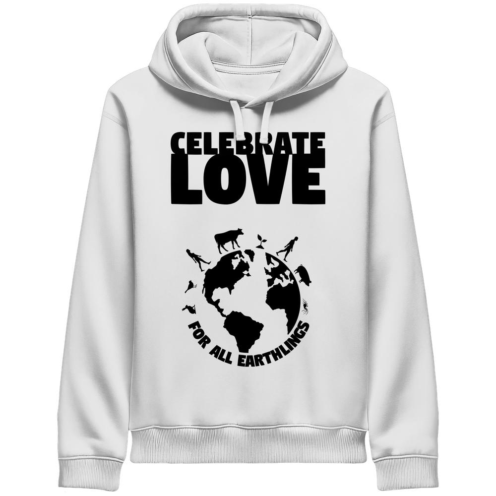 Weißer Hoodie mit Kapuze und Kängurutasche, „CELEBRATE LOVE“-Tierwelt-Print