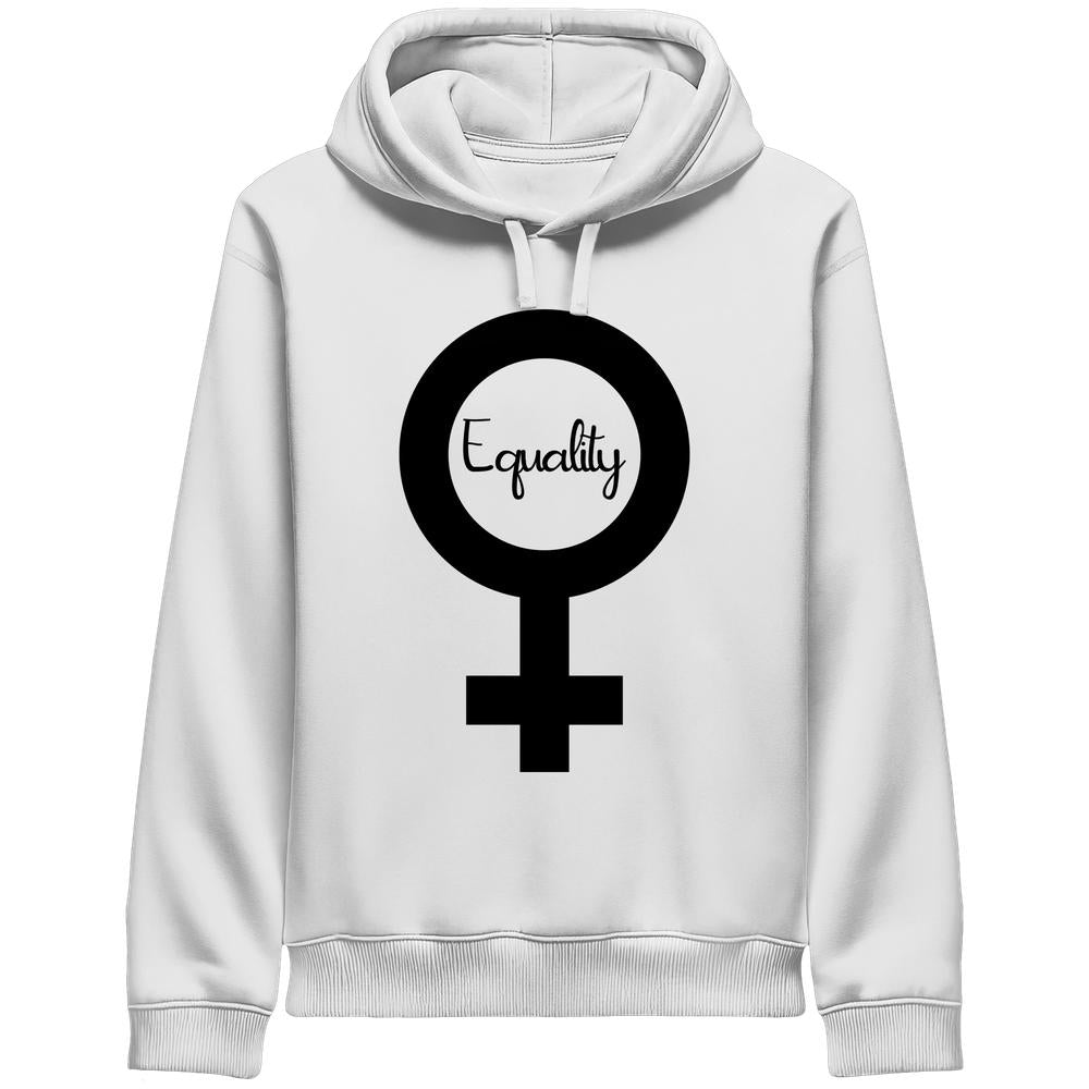 Weißer Hoodie mit Kapuze und großem schwarzem Equality-Symbol auf der Vorderseite