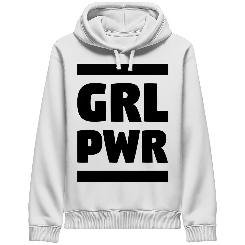 Weiße Kinder-Hoodie mit Kapuze und Kordeln, Frontprint „GRL PWR“