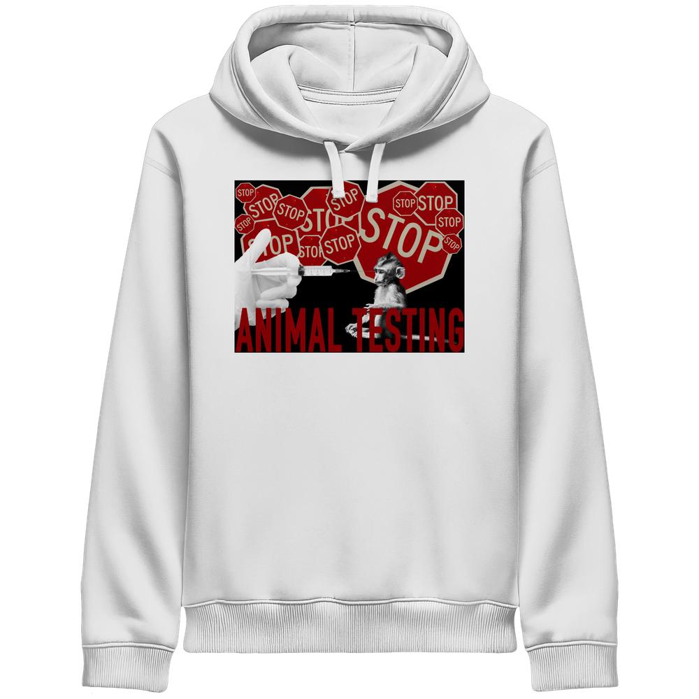 Weißer Hoodie mit Kapuze und großem „STOP ANIMAL TESTING“-Aufdruck auf der Brust