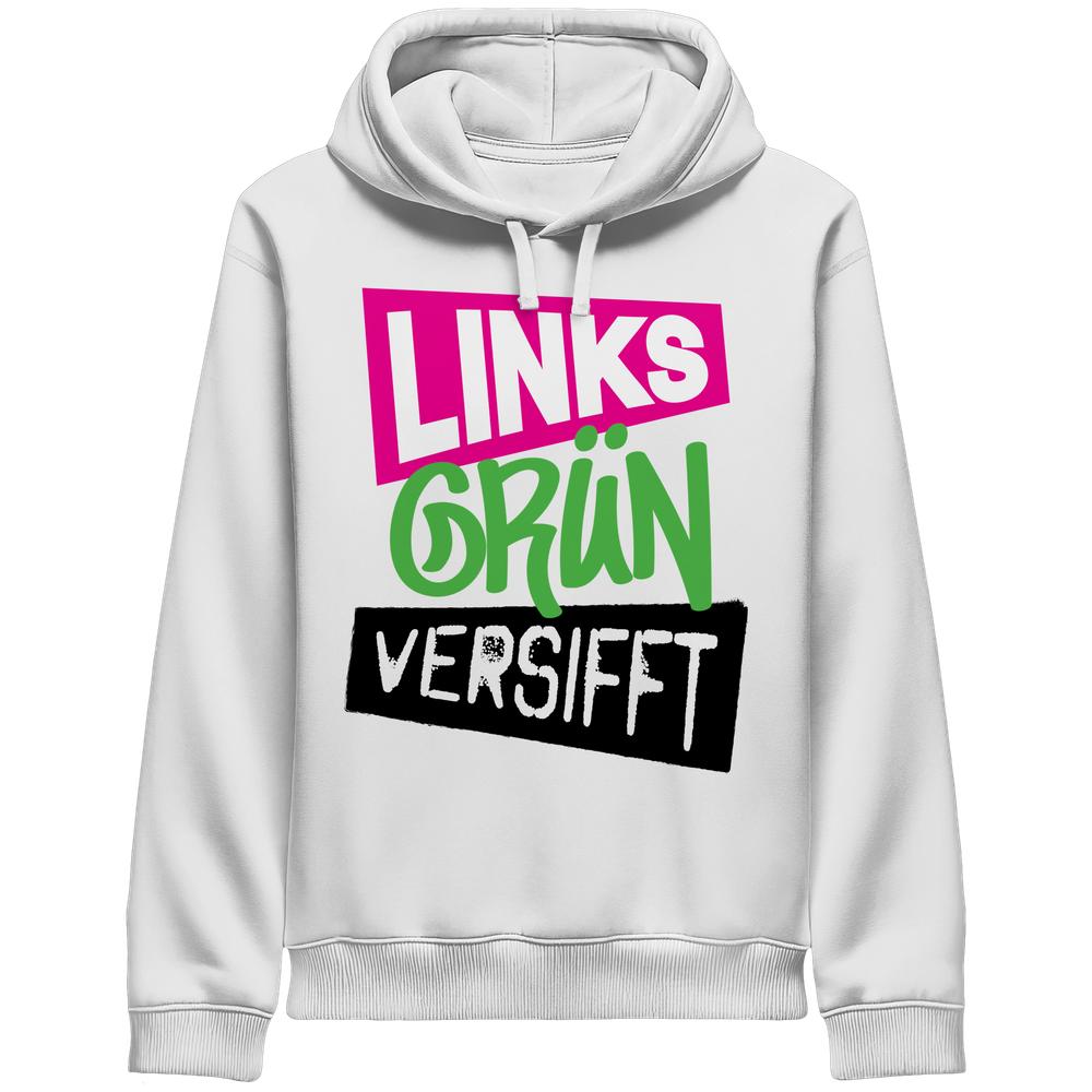 Weißer Hoodie mit Kapuze, Kordeln und Frontdruck „Links Grün versifft“.