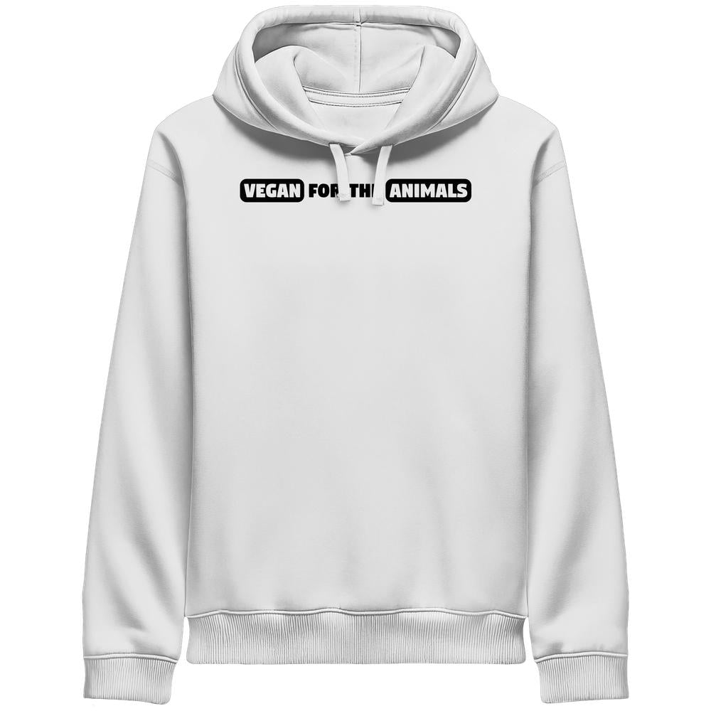 Weißer Hoodie mit Kapuze und Kängurutasche, Logo "VEGAN FOR THE ANIMALS"