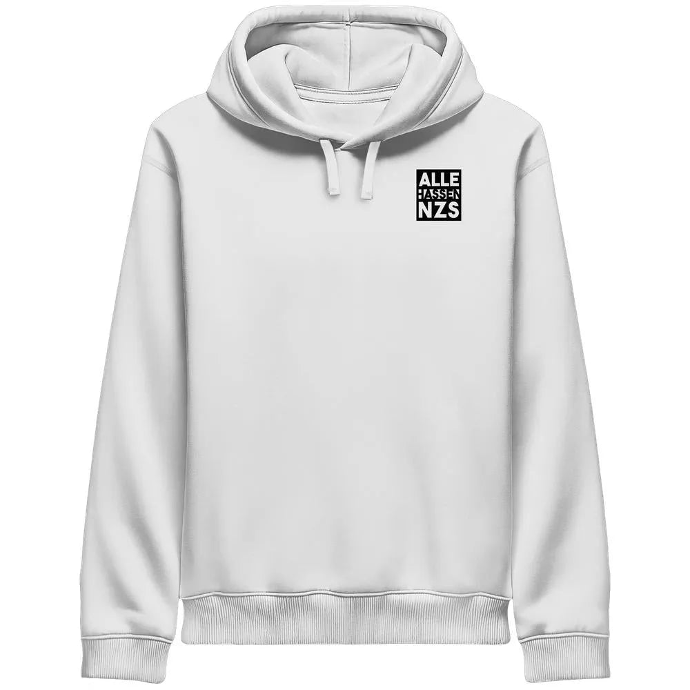 Veganes Bio Kapuzen-Sweatshirt, weiß, mit Kängurutasche und Kordelzug, ALLE HASSEN NZS