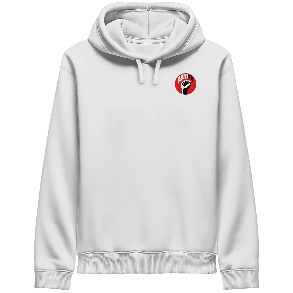 Herren-Hoodie in Weiß mit Kapuze, Kordelzug und Brustlogo „ANTIFA“