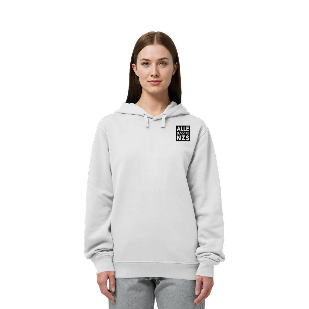 Veganes Bio Kapuzen-Sweatshirt in weiß, mit Kängurutasche und ALLE HASSEN NZS Logo