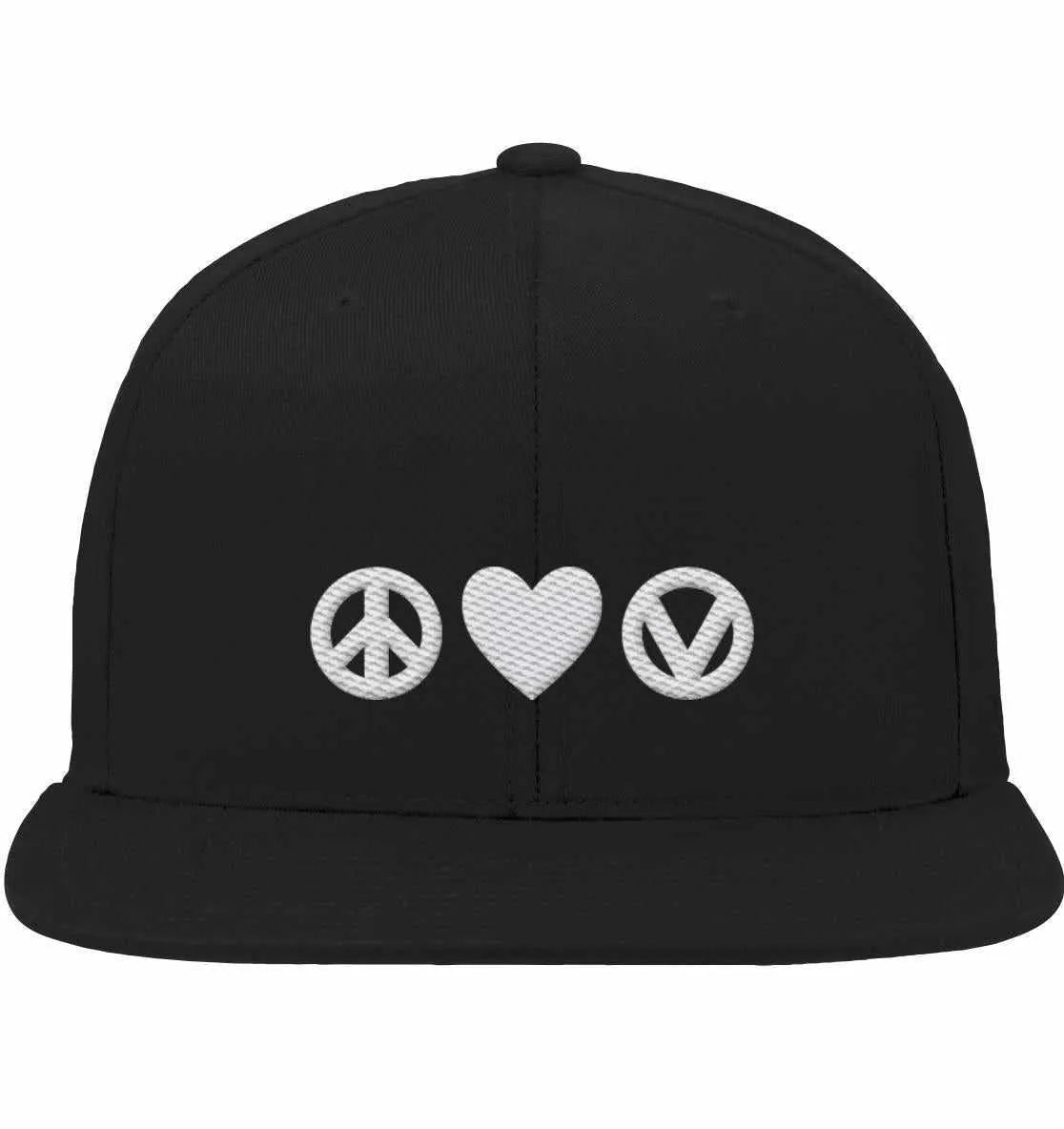 Schwarze Snapback-Cap mit bestickten Frieden-, Herz- und Peace-Zeichen in Weiß