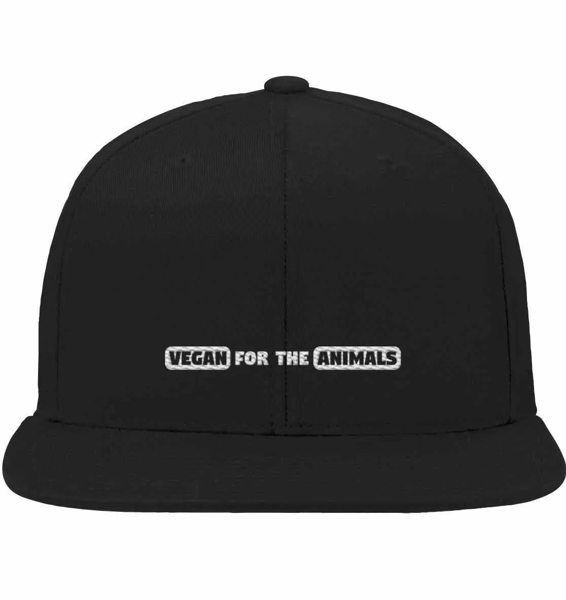 Schwarze Snapback-Cap mit gesticktem Schriftzug „VEGAN FOR THE ANIMALS“