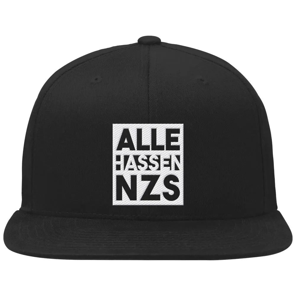 Vegane Bio Snapback-Cap, schwarz, bestickter Schriftzug „ALLE HASSEN NAZS“